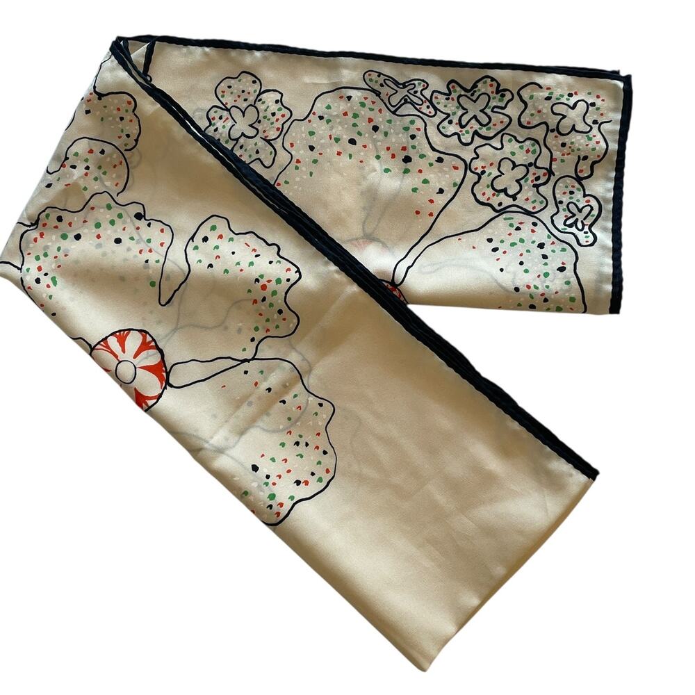 Vera Neumann Ecru Floral Shamrock Scarf with Black Trim Made in Japan